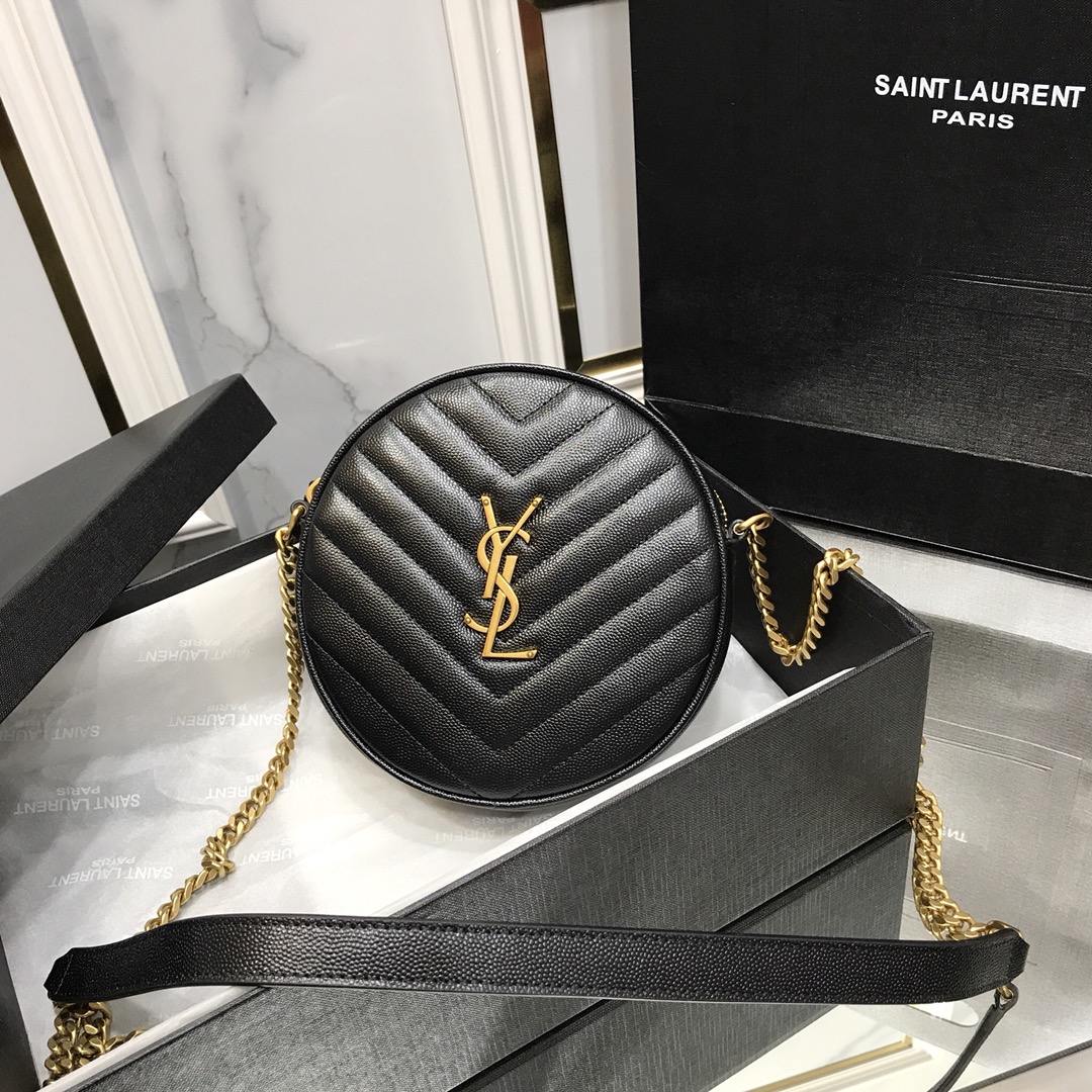 [YSL] 610436 블랙 바이닐 VINYLE 브론즈 메탈 라운드 카메라백